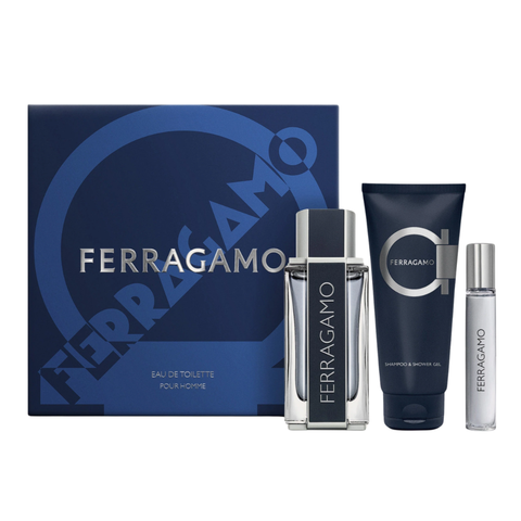 Ferragamo EDT Pour Homme Gift Set (EDT 100ml + Travel Spray 15ml + Shampoo & Shower Gel 100ml) For Men